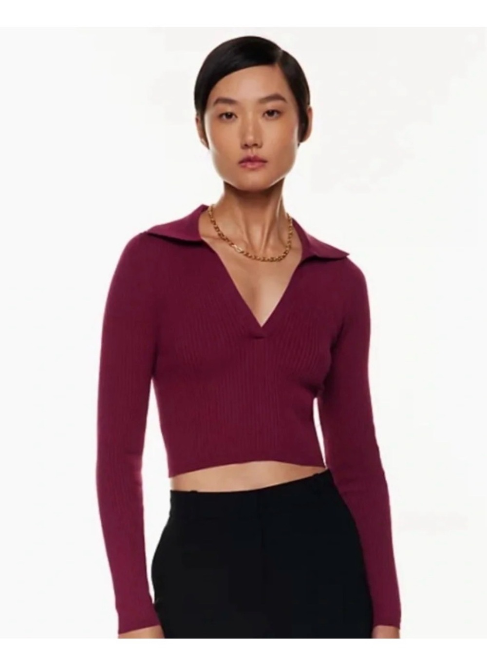 Aritzia Babaton Cropped Ribbed V-Neck Sweater with Collar - Wine